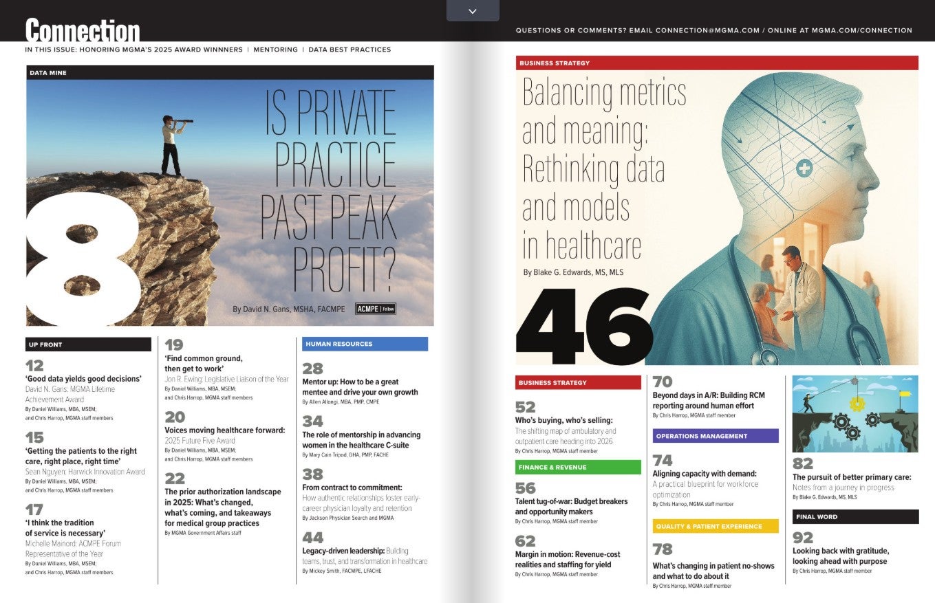 October 2025 MGMA Connection magazine table of contents
