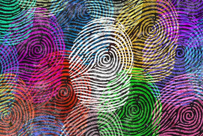 Multicolored fingerprints, representing different identities